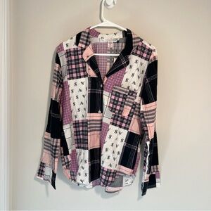 NWT Victoria's Secret Size XS Pink Black Plaid Patchwork Button Up Pajama Shirt